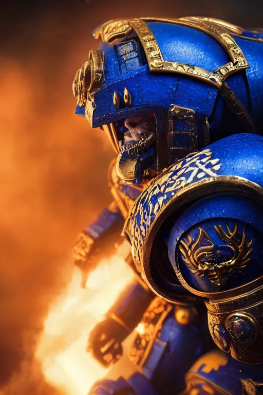 Image similar to a portrait of an ultramarine, space marine, warhammer 4 0 k setting, dynamic pose, intricate details, intricately detailed clothing, intricate textures, warm lighting, vivid colors, smoke and mist, realistic octane render, hyper realistic render, volumetric shading, depth of field, raytracing, 8 k,