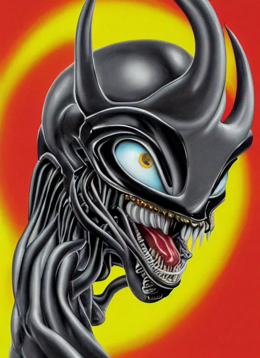 Image similar to a close up of a xenomorph face on a yellow background, an airbrush painting by osamu tezuka, behance, mingei, logo, concert poster, poster art