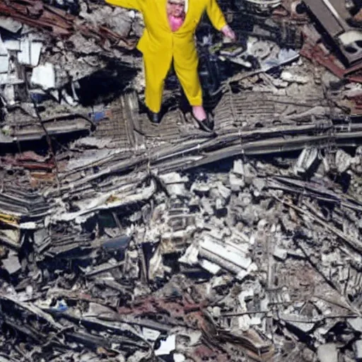 Image similar to an extreme wide shot of a very drunk evil Rudy Giuliani standing smiling wearing a yellow speedo on top of the world trade center rubble pile in new york