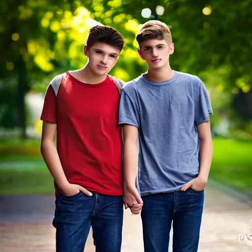 Prompt: Photograph of two male teenagers in love, holding hand, sigma 85mm