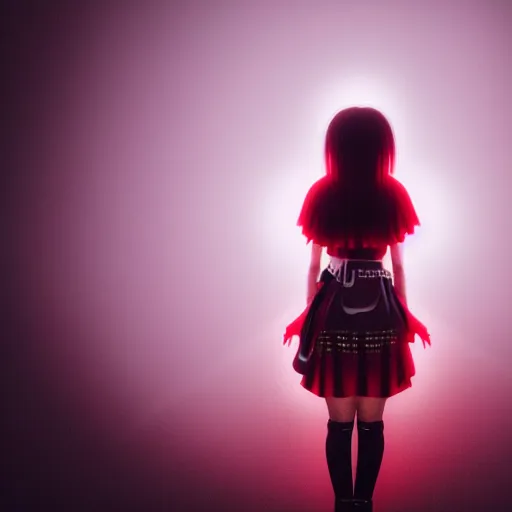 Image similar to photograph of an alternative japanese girl, dark red and white lights, anime influenced, hihgly detailed, hyper realistic, volumentric fog, raytracing