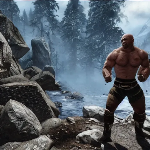 Prompt: john cena fighting the rock in skyrim, 4 k, in - game footage