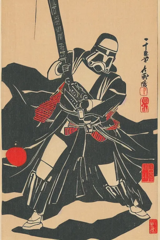 Prompt: Japanese woodblock print of a Star Wars Stormtrooper holding nunchucks , cherry blossom, Hokusai