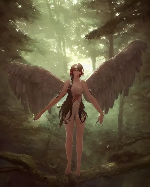 Prompt: a female anthropomorphic eagle warrior. She has two wings on her back. Forest, clearing. Full shot, wings are focus. Atmospheric lighting, By Makoto Shinkai, Stanley Artgerm Lau, WLOP, Rossdraws, James Jean, Andrei Riabovitchev, Marc Simonetti, krenz cushart, Sakimichan, D&D trending on ArtStation, digital art.