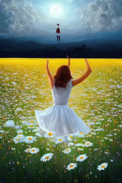 Image similar to giant white daisy flower as head, girl dancing in a flower field, surreal photography, sunrise, dramatic light, impressionist painting, colorful clouds, digital painting, artstation, simon stalenhag