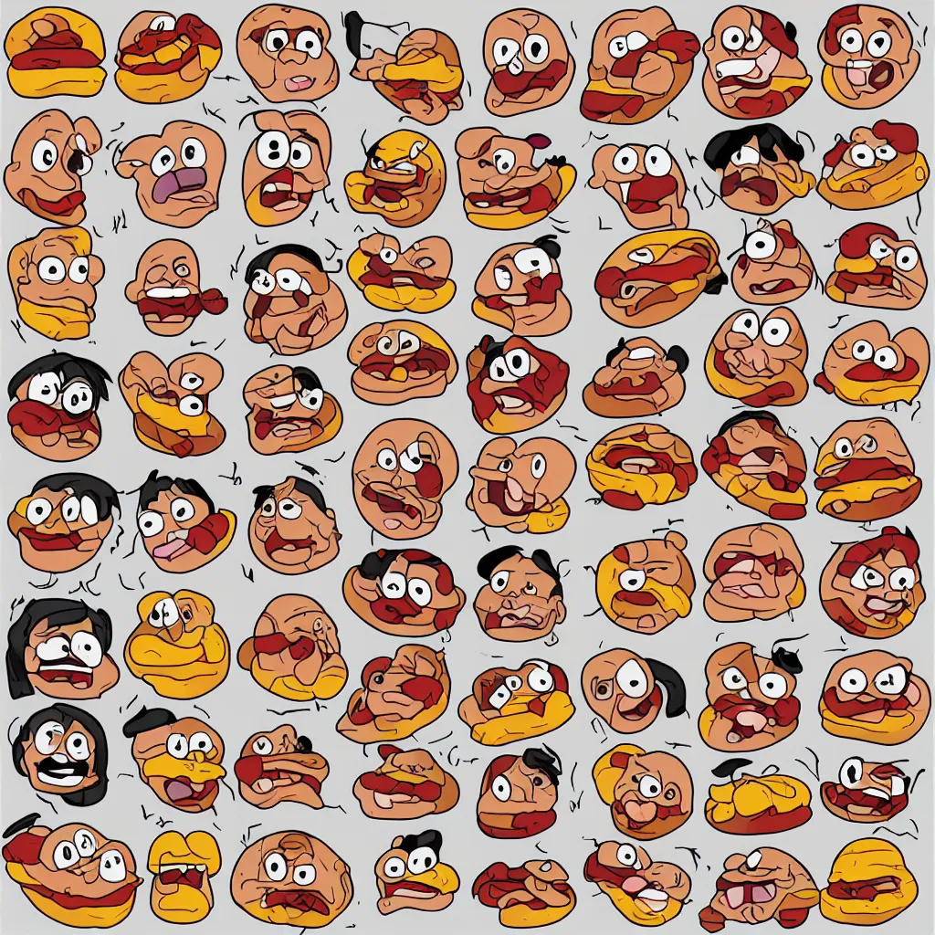 Prompt: a 3x3 grid of expressive hd emojis based on a cartoon hotdog, happy, sad, angry, laughing