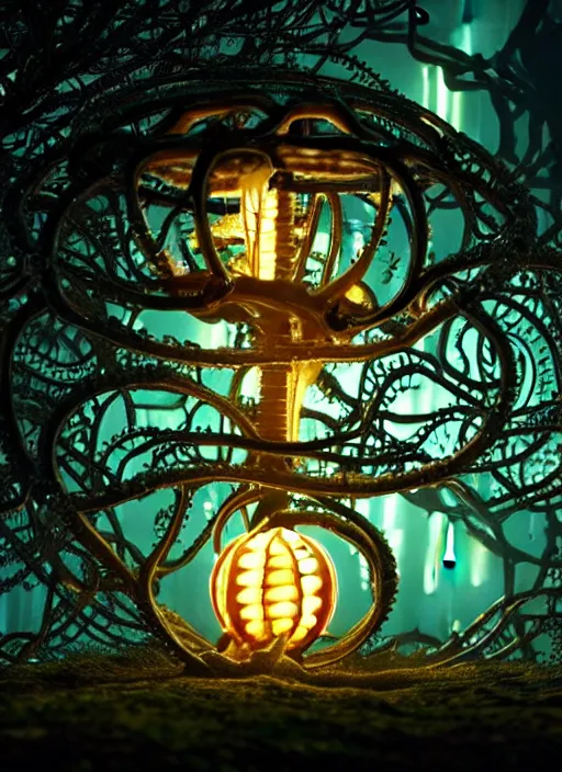 Image similar to intricate mechanical translucent apple with visible gears and components inside, growing off a tree, on the background of a weird magical mechanical forest. Very detailed 8k. Fantasy cyberpunk horror. Sharp. Cinematic post-processing