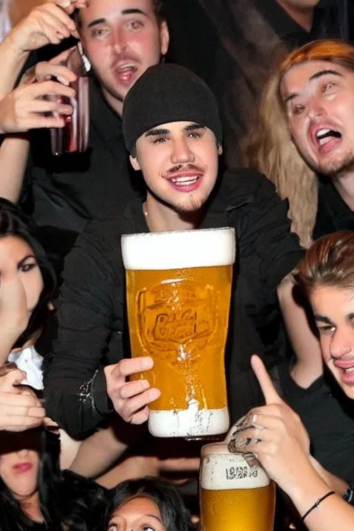 Prompt: just bieber's face hidden behind a glass of beer, inside a beer glass