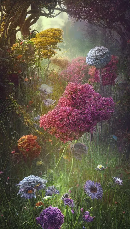 Prompt: life and death, flowers, trees, grass, highly detailed super realistic, octane render, by android jones,