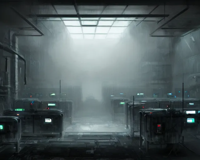 Image similar to gloomy ruined server room in datacenter painting concept art of robot knight colossus mono eyed, sharp focus, emitting diodes, smoke, artillery, pacing, computers, racks, motherboard, by pascal blanche rutkowski repin artstation hyperrealism detailed matte painting, 4 k resolution blade runner