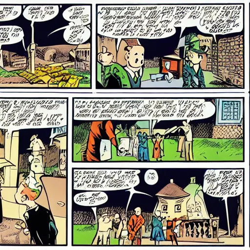 Prompt: a comic book page of The Adventures of Tintin by grant morrison