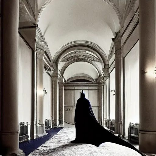 Image similar to Batman standing in giant Italian modern castle living room, clean minimalist design, that is 1300 feet tall, with very tall giant walls filled with modern art paintings, doors that are cosmic portals, photo by Annie Leibovitz