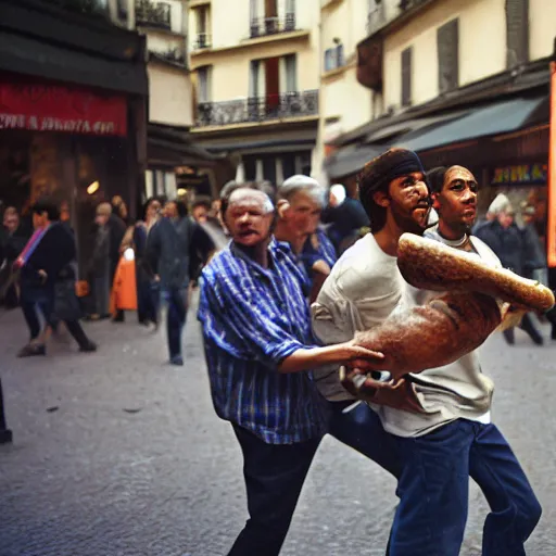 Image similar to closeup portrait of people fighting baguettes in a paris street, by Steve McCurry and David Lazar, natural light, detailed face, CANON Eos C300, ƒ1.8, 35mm, 8K, medium-format print