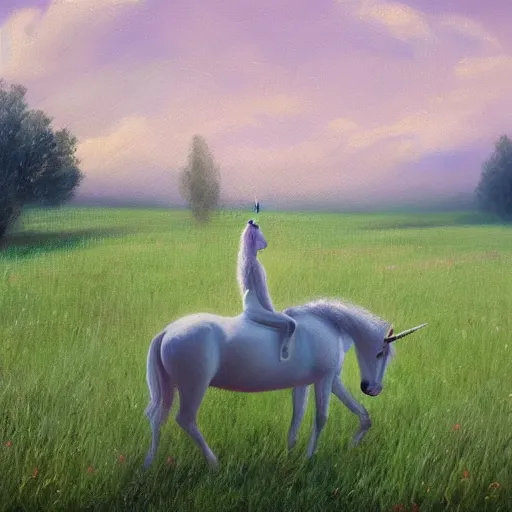 Prompt: Unicorn on meadow, oil painting, artstation
