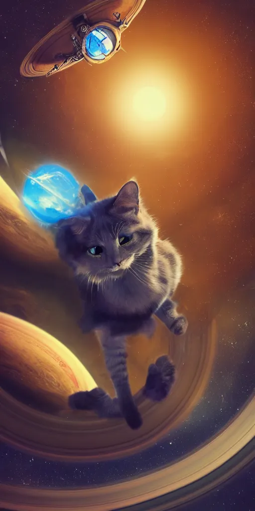 Prompt: A cat with beautiful blue eyes flying in a steampunk space suit over the Saturn planet, digital illustration, concept art, 8k, trending on artstation, highly detailed