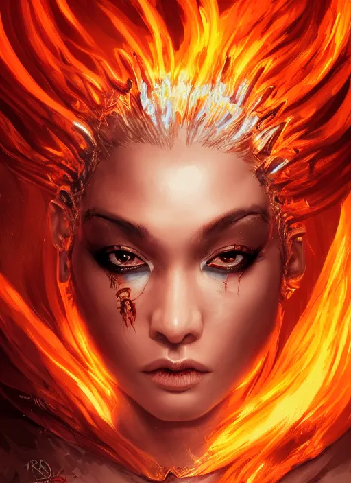 Prompt: portrait of the fire princess, fierce, striking, wonderful shading, realistic perfect face, concept art, dynamic pose, digital illustration, trending on artstation, intricate details, epic composition, sharp focus, 8 k uhd, masterpiece, wlop, ross draws