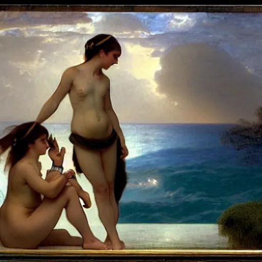 Image similar to Silhouette of two girls at the palace, thunderstorm, greek pool, beach and palm trees on the background major arcana sky, by paul delaroche, alphonse mucha and arnold böcklin arnold böcklin hyperrealistic 8k, very detailed