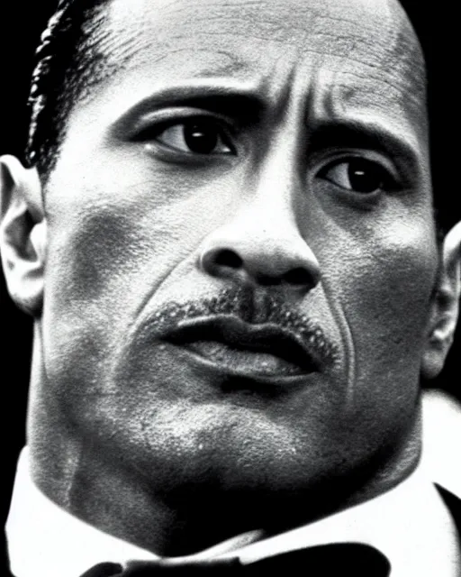 Image similar to film still close up shot of dwayne johnson as vito corleone from the movie the godfather. photographic, photography