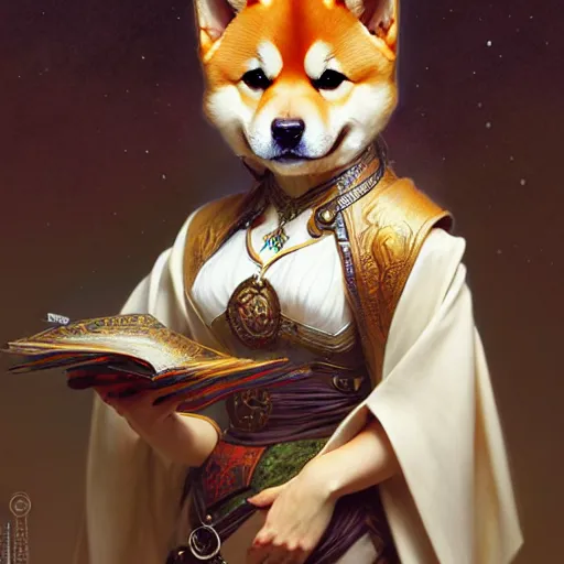 Image similar to portrait painting of a cute shiba inu bard with cape, ultra realistic, concept art, intricate details, eerie, highly detailed, photorealistic, octane render, 8 k, unreal engine. art by artgerm and greg rutkowski and charlie bowater and magali villeneuve and alphonse mucha