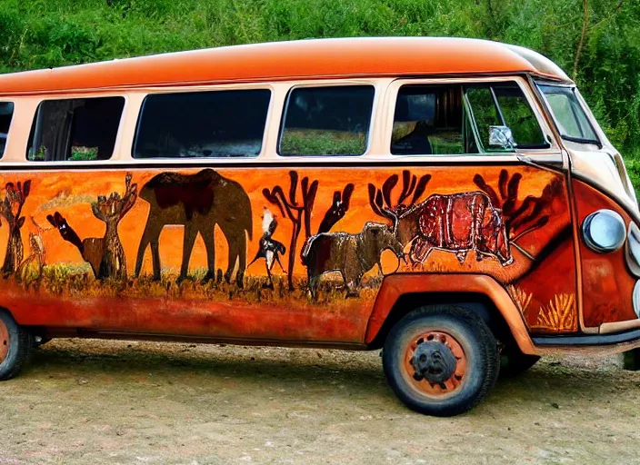 Image similar to painted pattern which figures of ancient hunters mammoths vw buses, rock cave painting, red ocher, finger painting