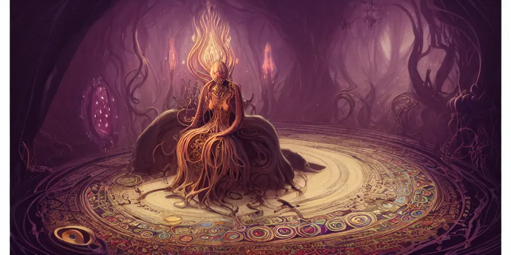 Image similar to wide shot picture of a maximalist dress witch sitting on the floor and researching about the azathoth, extremely beautiful and aesthetic and detailed cute face and eyes, very huge magic circles on hand, with familiar sprites, in the magic room, chiaroscuro, intricate, masterpiece, fantasy illustrations by anato finnstark and jeremy lipking and peter mohrbacher