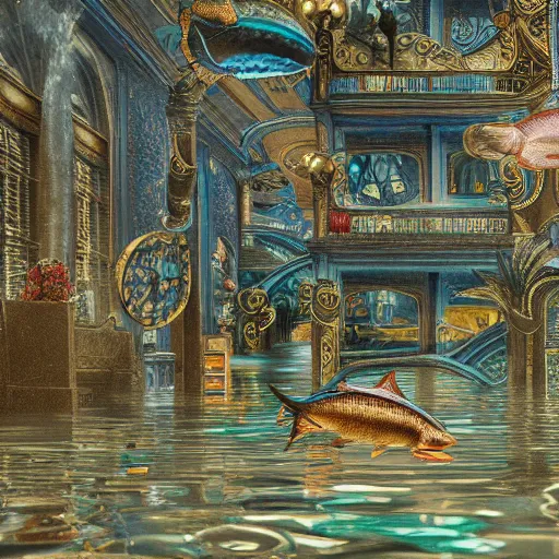 Prompt: fish swimming through a flooded city, deep aesthetic, hyper realism, highly ornate intricate details, 1 9 2 0's colored pencil, 4 k, cinematic lighting,