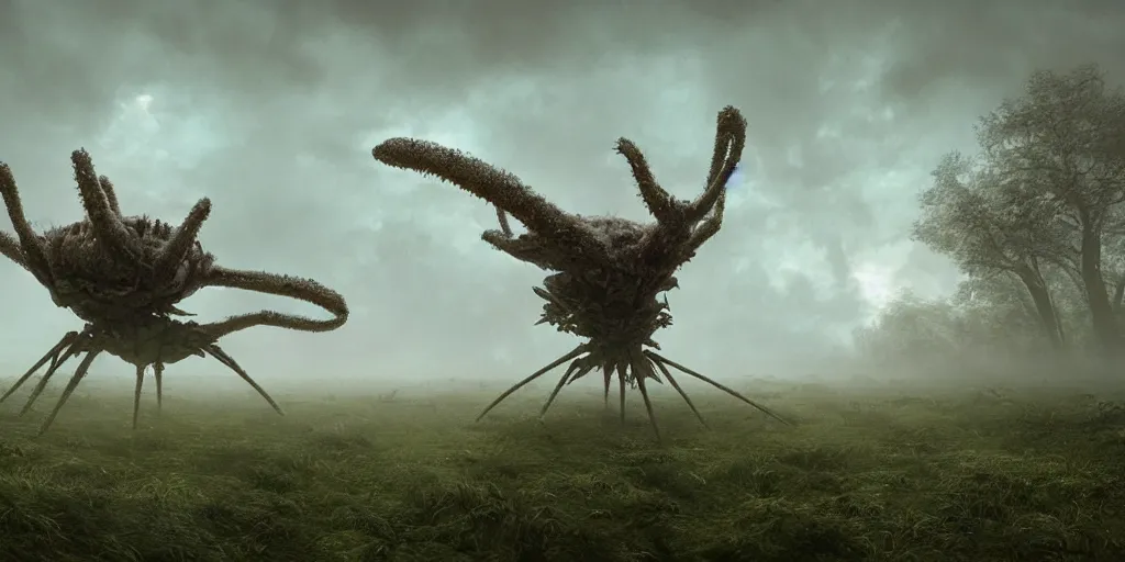 Prompt: “ ominous sci - fi spider crab monster covered in white fuzzy fungus with spider - like legs, green rural country landscape, thick heavy fog, dusk, dreamy cloud filled sky, by gerald brom, greg rutkowski, photo realism, unreal engine, cinema 4 d, cinematic light, atmospheric, crepuscular, noctilucent ”
