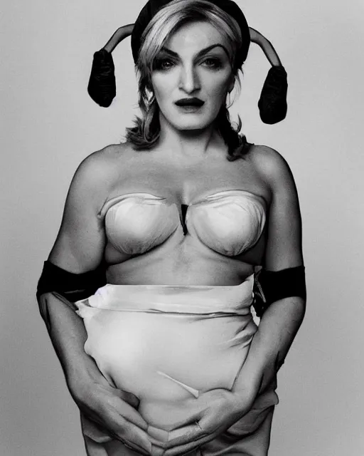 Image similar to anthropomorphic Hippo dressed as madonna ciccone, photograph in the style of Annie Leibovitz