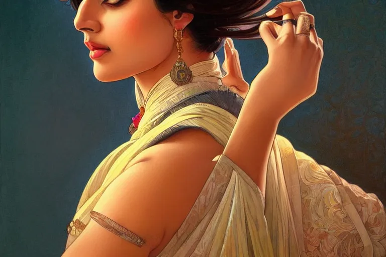 Image similar to sensual pale beautiful indian doctor in jeans, art deco portrait, elegant, intricate, digital painting, artstation, concept art, smooth, sharp focus, illustration, art by artgerm and greg rutkowski and alphonse mucha