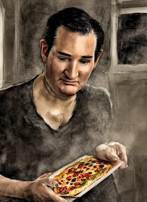 Prompt: portrait, Ted Cruz making a pizza, watercolor, dramatic lighting, cinematic, establishing shot, extremely high detail, foto realistic, cinematic lighting, pen and ink, intricate line drawings, by Yoshitaka Amano, Ruan Jia, Kentaro Miura, Artgerm, post processed, concept art, artstation, matte painting, style by eddie mendoza, raphael lacoste, alex ross