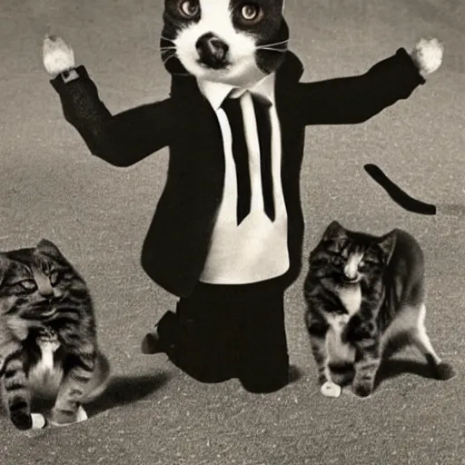 Prompt: dog doing nazi salute in front of cats