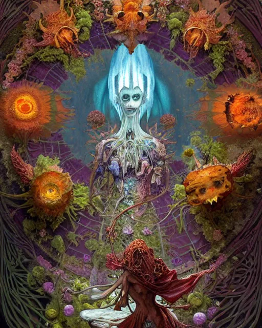 Image similar to the platonic ideal of flowers, rotting, insects and praying of cletus kasady carnage davinci dementor chtulu mandelbulb mandala ponyo dinotopia the witcher, fantasy, ego death, decay, dmt, psilocybin, concept art by randy vargas and greg rutkowski and ruan jia and alphonse mucha