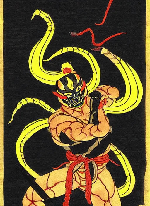 Prompt: mortal kombat's scorpion as a yokai illustrated by kawanabe kyosai and toriyama sekien