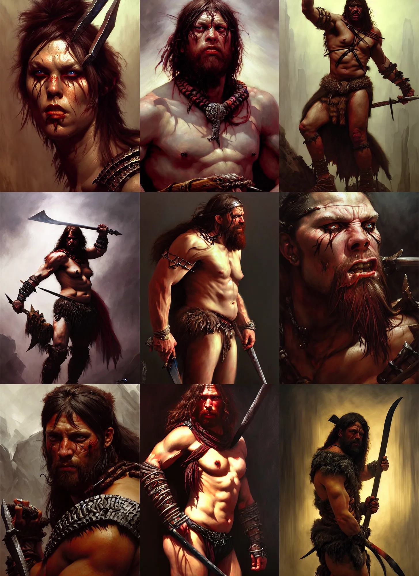 Image similar to barbarian, savage, full body, hyper realistic, extremely detailed, dnd character art portrait, dark fantasy art, intricate fantasy painting, dramatic lighting, vivid colors, deviant art, artstation, by edgar maxence and caravaggio and michael whelan and delacroix.