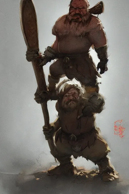 Prompt: a dwarf in hide clothes holding an axe, leaning against an ax, hatchet!!! concept art in style of Greg Rutkowski, painted by Frank Frazetta, John Singer Sargant