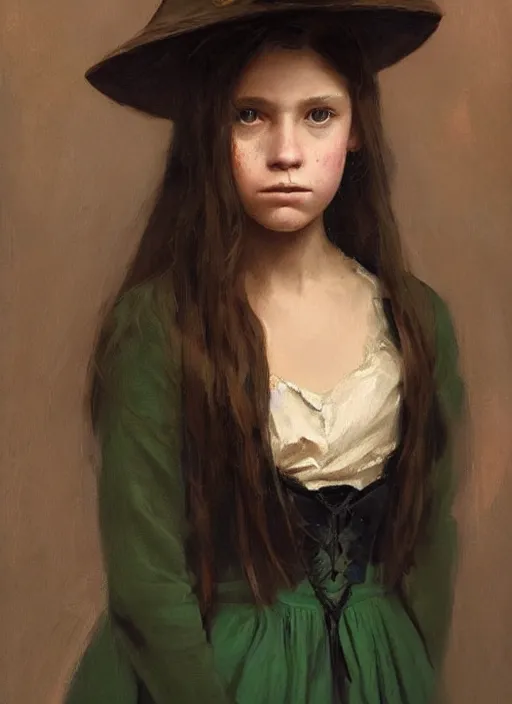 Image similar to a portrait of a thirteen year old girl with brown hair and a stern expression. she is wearing a green dress and a black pointed witch hat. beautiful painting with highly detailed face by greg rutkowski and raymond swanland