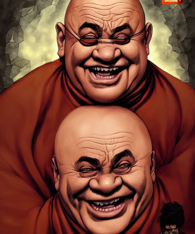 Image similar to a ( fantasy comic ) ( cover art ) portrait of a drunken dwarf monk who looks like ( danny devito ), digital illustration by jenny frison and sana takeda and kentaro miura, fine inking lines, dnd, highly detailed!, hd, 4 k, trending on artstation