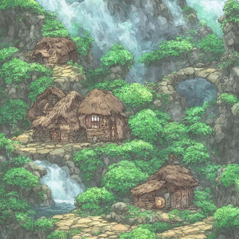 Prompt: a cozy hut near a huge waterfall, fantasy, forest, manga studio ghibli, highly detailed