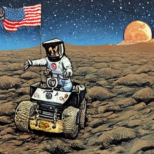 Prompt: painting of monkey wearing tuxedo riding an atv on the moon, jack davis style