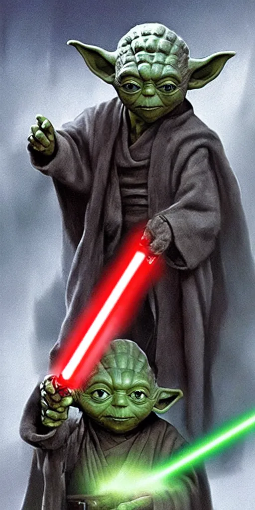 Image similar to yoda, as a sith lord, with a red lightsaber, using the dark force, realistic, ultra realistic