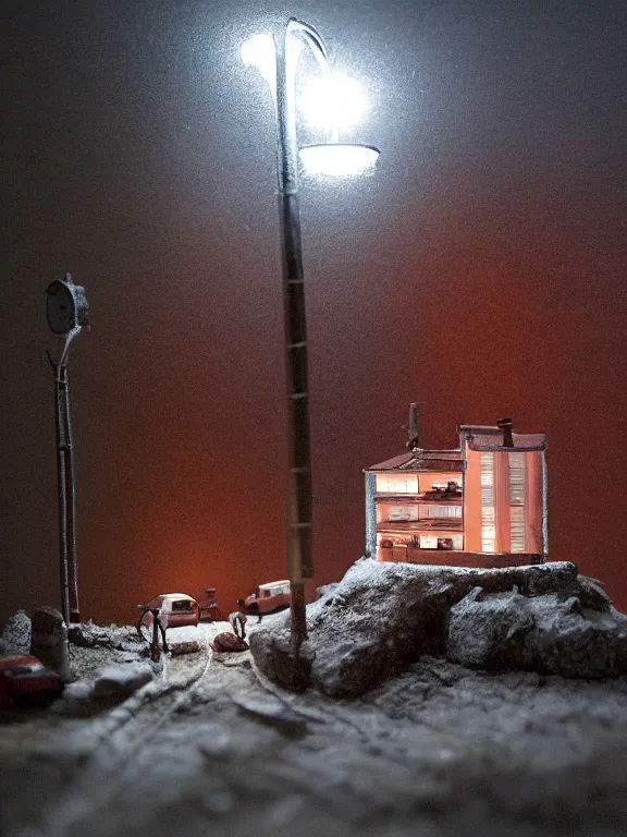 Image similar to small diorama a soviet residential building in soviet suburb, 9 0 s, lights are on in the windows, dark night, post - soviet yard, cozy and peaceful atmosphere, fog, cold winter, snowing, streetlamps with orange volumetric light, several birches nearby, two man fighting for bottle of vodka