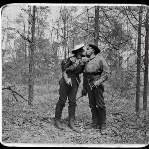 Image similar to two cowboys kissing on a camp in the woods, vintage photography