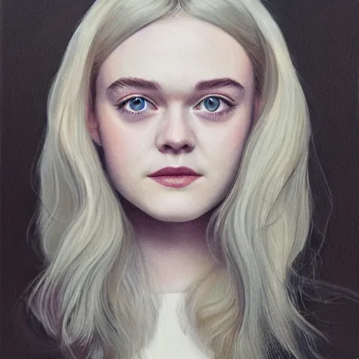 Prompt: professional painting of Elle Fanning in the style of Martine Johanna, head and shoulders portrait, symmetrical facial features, smooth, sharp focus, illustration, intricate, stormy weather, extremely detailed masterpiece,