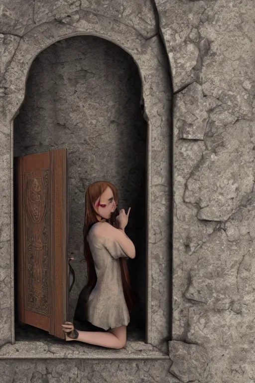 Prompt: highly detailed digital illustration of a young woman opening a secret door behind a bookcase in an ancient abandoned castle | fantasy art, cryengine, concept art, photorealism, daz 3 d, sketchfab, zbrush, vray, rule of thirds, golden ratio