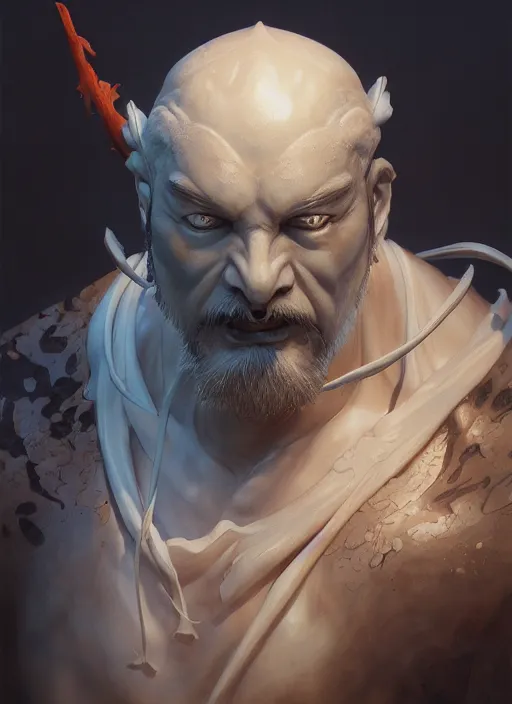 Image similar to subsurface scattering, white, koi, samurai deity, by jesper ejsing, james jean, justin gerard, tomasz alen kopera, cgsociety and fenghua zhong, highly detailed, rim light, cinematic lighting, illustration, art, octane render, very coherent, cinematic, hyper realism, high detail, 8 k