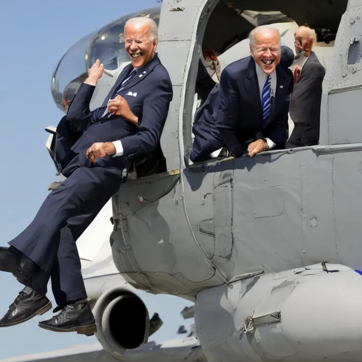 Prompt: joe biden jumping out of an airplane ready for war, sharp detailed photo