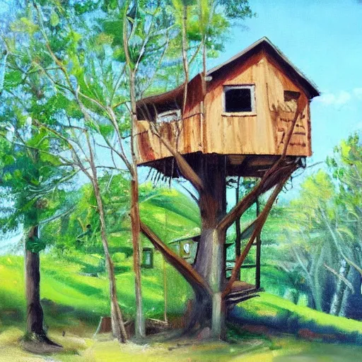 Image similar to treehouse in the countryside on a sunny day, peaceful, brush strokes, oil painting