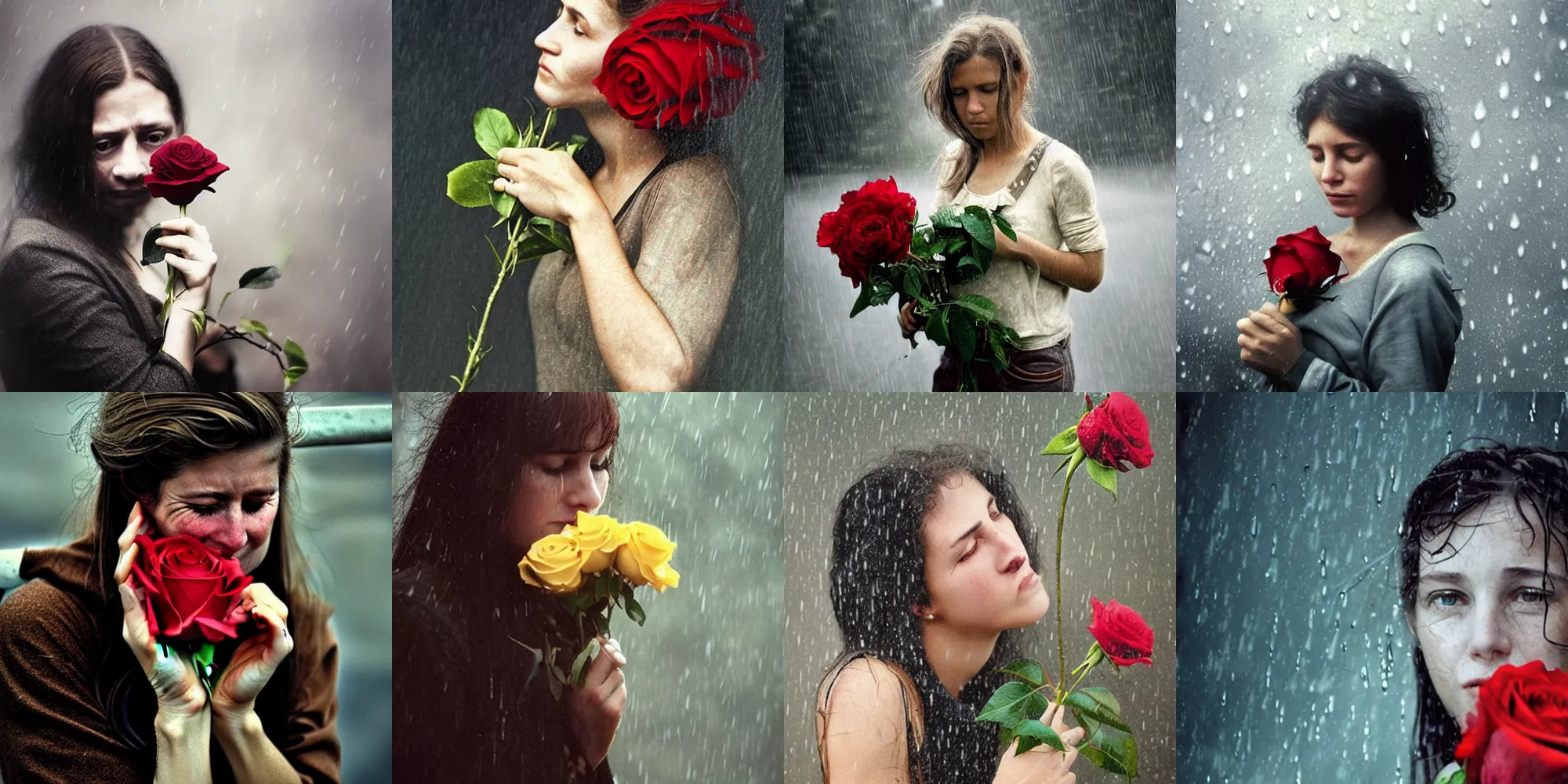 Prompt: a photo of a young teary - eyed woman clutching a rose in the rain!!!!!!!!!!, photorealistic!!!!!, photo by annie leibovitz, moody, highly detailed
