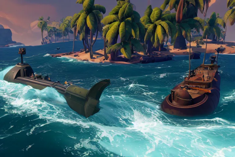 Prompt: gameplay screenshot of a submarine in sea of thieves, unreal, 4 k