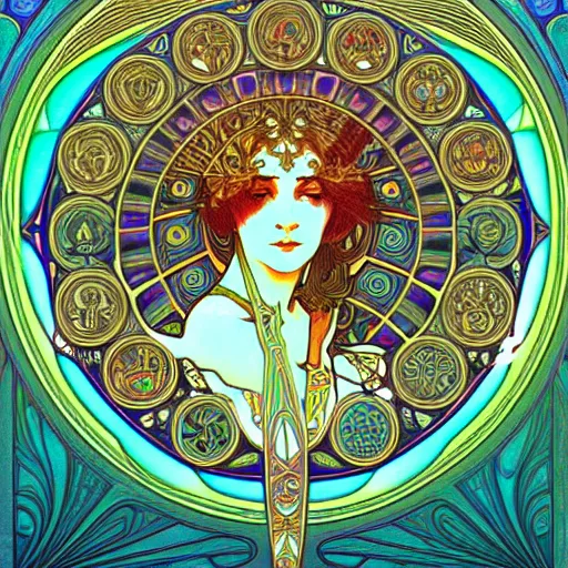 Image similar to psychedelic sacred geometry, intricate, sophisticated, ultra realistic, incredibly detailed, diagram, illustration, trending on artstation, art by alphonse mucha